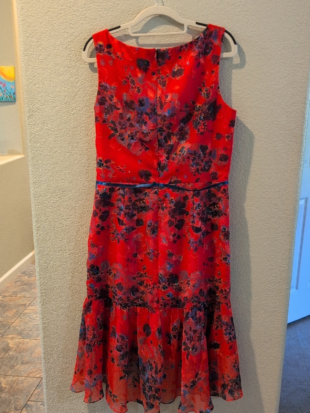 Marchesa Red Floral Sleeveless Midi Dress with Navy Floral Print Luxury - Picture 6 of 8